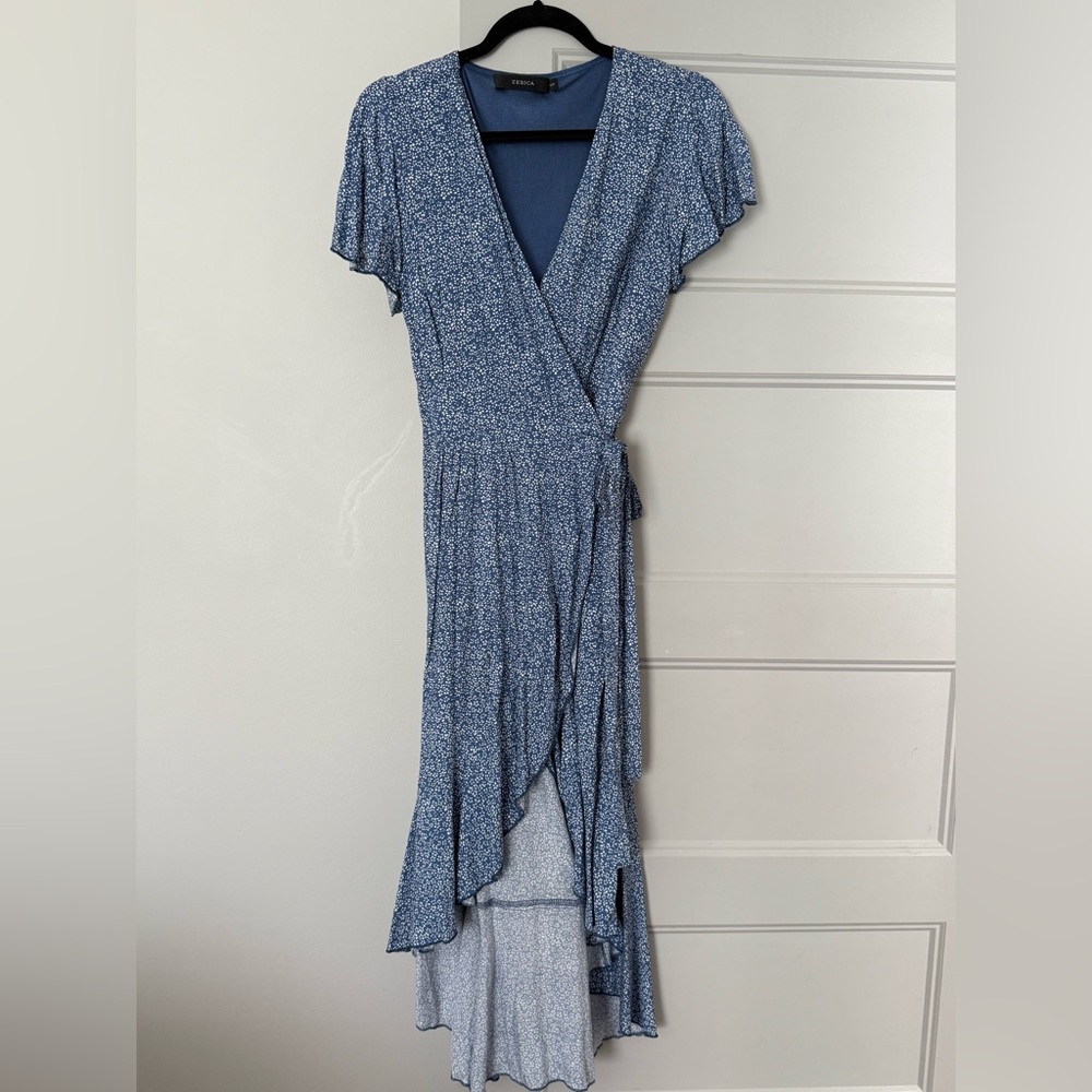 Zara Blue Floral High-Low Wrap Dress with Tie Waist